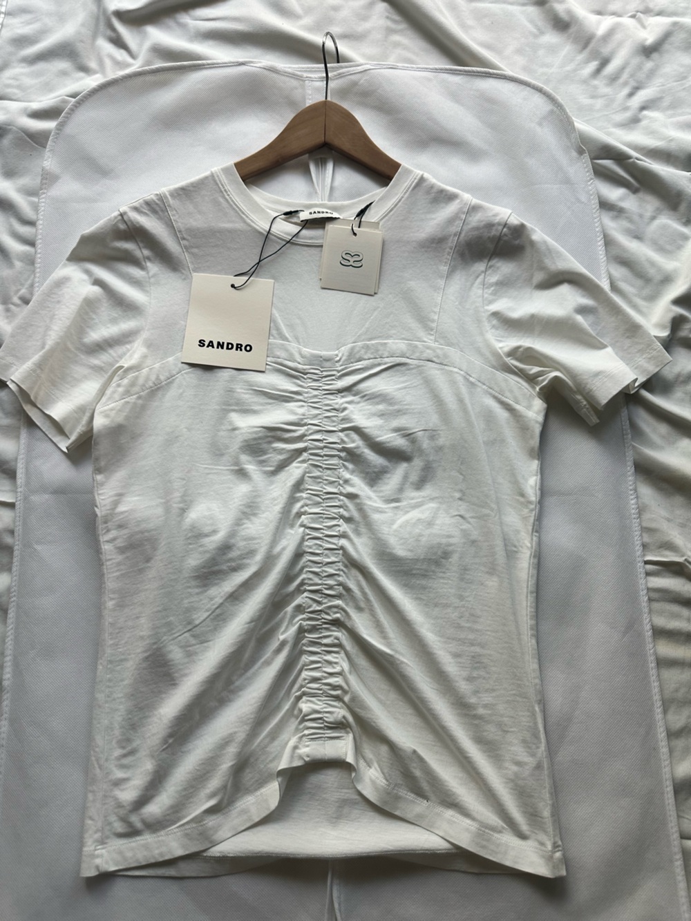 Sandro White Short-Sleeve Ruched Front Tee